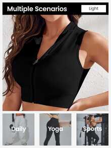 SHEIN Velisys 2 Pcs Black Half Zip Stand Collar Sleeveless Sports Crop Tops, Slim Fit, Suitable For Yoga Fitness Daily Summer - Black - View 5
