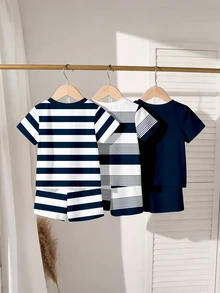 Souflis Souflis 1 Random Set, Royal Blue Striped Contrast Color Royal Blue  Casual Classic Cute Bear Contrast Striped Print Crew Neck Short Sleeve T-Shirt - Multicolor - View 2