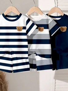 Souflis Souflis 1 Random Set, Royal Blue Striped Contrast Color Royal Blue  Casual Classic Cute Bear Contrast Striped Print Crew Neck Short Sleeve T-Shirt - Multicolor - View 3