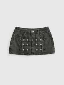 ROMWE Grunge Punk Punk Cavalry Button Design Ultra Low Waist Mini Bodycon Denim Skirt - Army Green - View 1