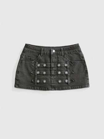 Grunge Punk Jupe en jean moulante ultra-taille basse mini avec design de boutons de cavalerie punk