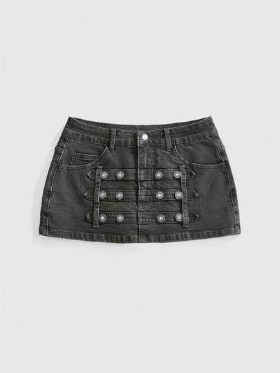 Grunge Punk Minifalda vaquera ajustada de cintura ultra baja con diseño de botones estilo caballería punk