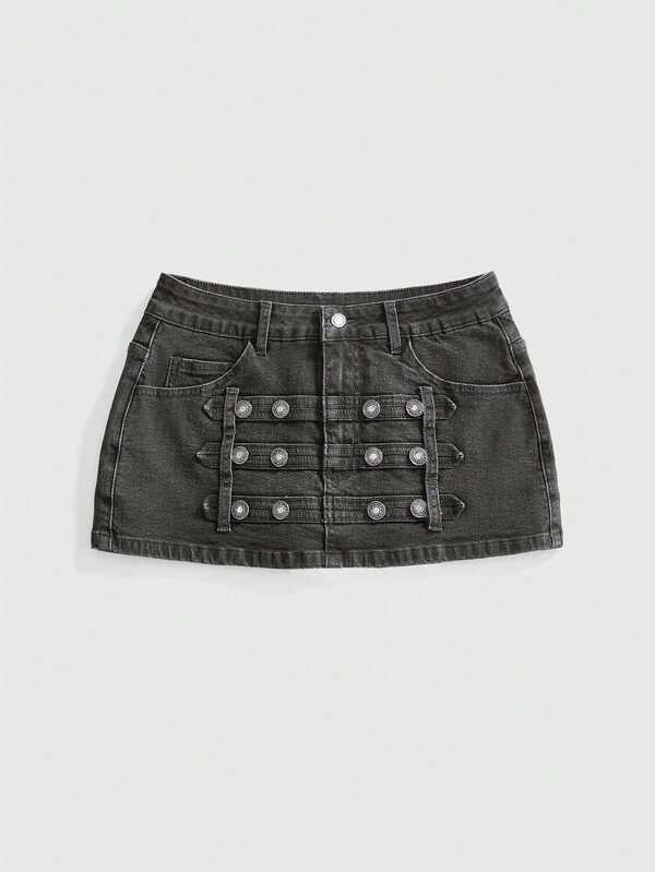 ROMWE Grunge Punk Punk Cavalry Button Design Ultra Low Waist Mini Bodycon Denim Skirt