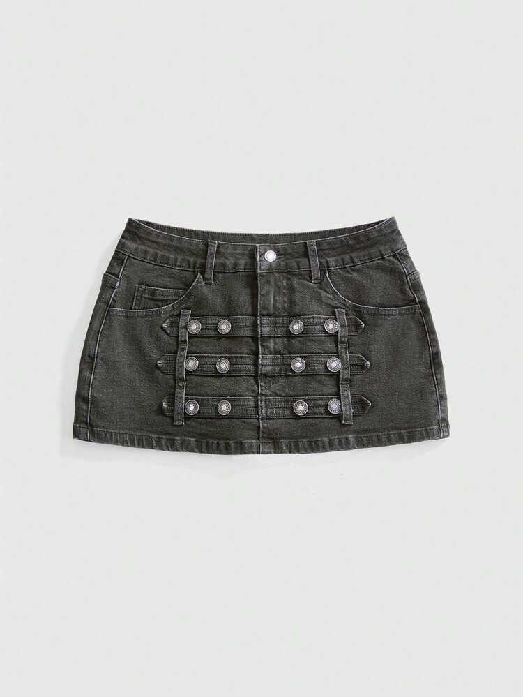 ROMWE Grunge Punk Punk Cavalry Button Design Ultra Low Waist Mini Bodycon Denim Skirt - Army Green - View 1