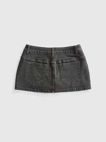 ROMWE Grunge Punk Punk Cavalry Button Design Ultra Low Waist Mini Bodycon Denim Skirt - Army Green - View 2