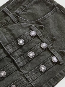 ROMWE Grunge Punk Punk Cavalry Button Design Ultra Low Waist Mini Bodycon Denim Skirt - Army Green - View 4