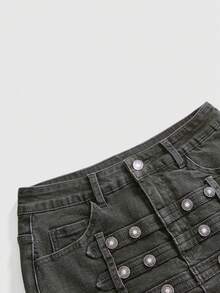 ROMWE Grunge Punk Punk Cavalry Button Design Ultra Low Waist Mini Bodycon Denim Skirt - Army Green - View 3