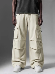 Salvezio Men's Flap Pocket Drawstring Waist Cargo Pants Baggy Long Plain Going Out, For Fall - Beige - View 3