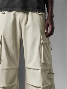 Salvezio Men's Flap Pocket Drawstring Waist Cargo Pants Baggy Long Plain Going Out, For Fall - Beige - View 4