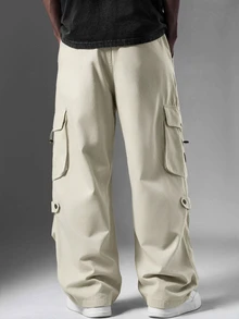 Salvezio Men's Flap Pocket Drawstring Waist Cargo Pants Baggy Long Plain Going Out, For Fall - Beige - View 2