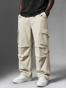 Salvezio Men's Flap Pocket Drawstring Waist Cargo Pants Baggy Long Plain Going Out, For Fall - Beige - View 1