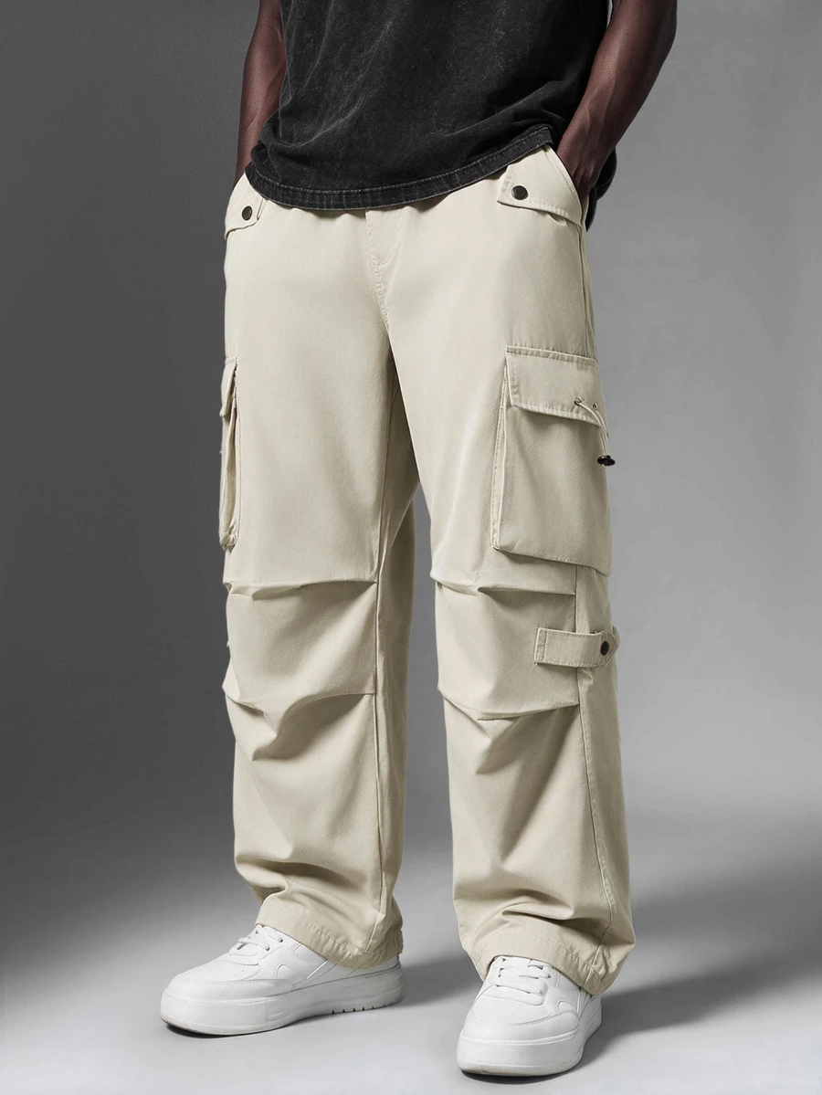 Salvezio Men's Flap Pocket Drawstring Waist Cargo Pants Baggy Long Plain Going Out, For Fall - Beige - View 1