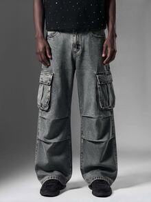 Salvezio Loose Fit Men's Flap Pocket & Side Panel Design Cargo Jeans (Without Belt) Carpenter Jeans Baggy Cargo Jeans - Blue - View 4