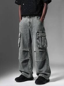 Salvezio Loose Fit Men's Flap Pocket & Side Panel Design Cargo Jeans (Without Belt) Carpenter Jeans Baggy Cargo Jeans - Blue - View 5