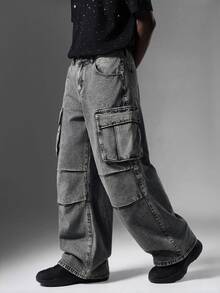 Salvezio Loose Fit Men's Flap Pocket & Side Panel Design Cargo Jeans (Without Belt) Carpenter Jeans Baggy Cargo Jeans - Blue - View 7