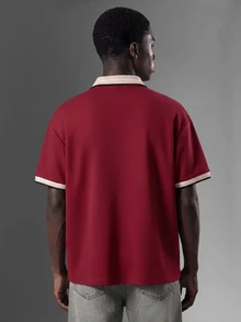 Salvezio 男士提花領刺繡短袖休閒 Polo 正裝襯衫，儀式適用 - 酒紅色 - 查看 2