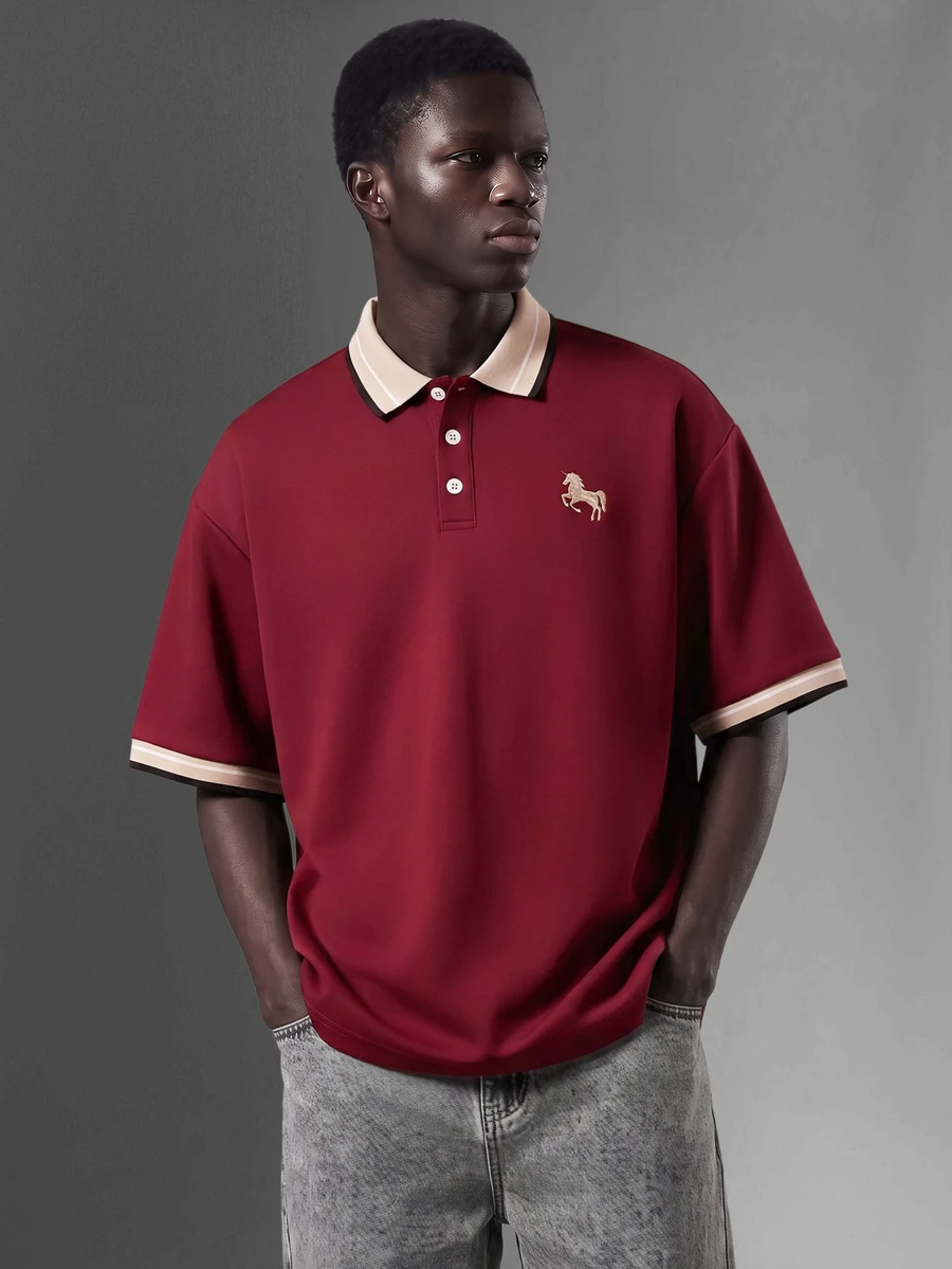 Salvezio 男士提花領刺繡短袖休閒 Polo 正裝襯衫,儀式適用 - 酒紅色 - 查看 1