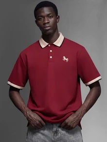 Salvezio 男士提花領刺繡短袖休閒 Polo 正裝襯衫，儀式適用 - 酒紅色 - 查看 7