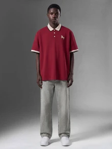 Salvezio 男士提花領刺繡短袖休閒 Polo 正裝襯衫，儀式適用 - 酒紅色 - 查看 6