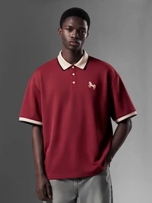 Salvezio 男士提花領刺繡短袖休閒 Polo 正裝襯衫，儀式適用 - 酒紅色 - 查看 5
