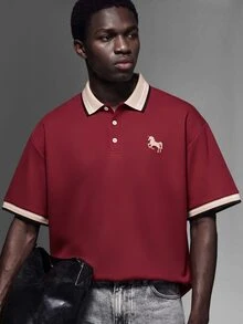 Salvezio 男士提花領刺繡短袖休閒 Polo 正裝襯衫，儀式適用 - 酒紅色 - 查看 3