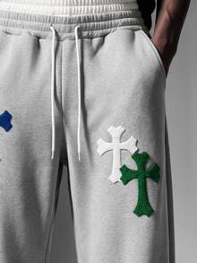 Salvezio Men's Cross Embroidered Drawstring Waist Pockets Loose Casual Sweatpants Wide Leg - Grey - View 3
