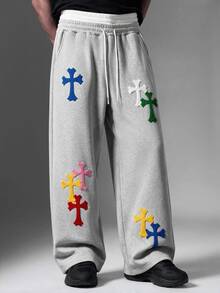 Salvezio Men's Cross Embroidered Drawstring Waist Pockets Loose Casual Sweatpants Wide Leg - Grey - View 7