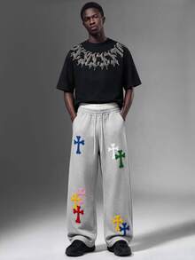 Salvezio Men's Cross Embroidered Drawstring Waist Pockets Loose Casual Sweatpants Wide Leg - Grey - View 4