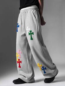 Salvezio Men's Cross Embroidered Drawstring Waist Pockets Loose Casual Sweatpants Wide Leg - Grey - View 1