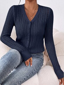 SHEIN Frenchy Women's Autumn Casual Versatile Solid Color Cardigan - Navy Blue - View 5