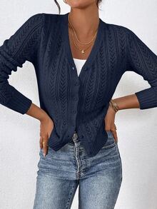 SHEIN Frenchy Women's Autumn Casual Versatile Solid Color Cardigan - Navy Blue - View 6