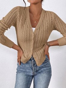 SHEIN Frenchy Women's Solid Color Hollow Knit Cardigan Teachers' Day Brunch Office Khaki Autumn Casual - Camel - View 6