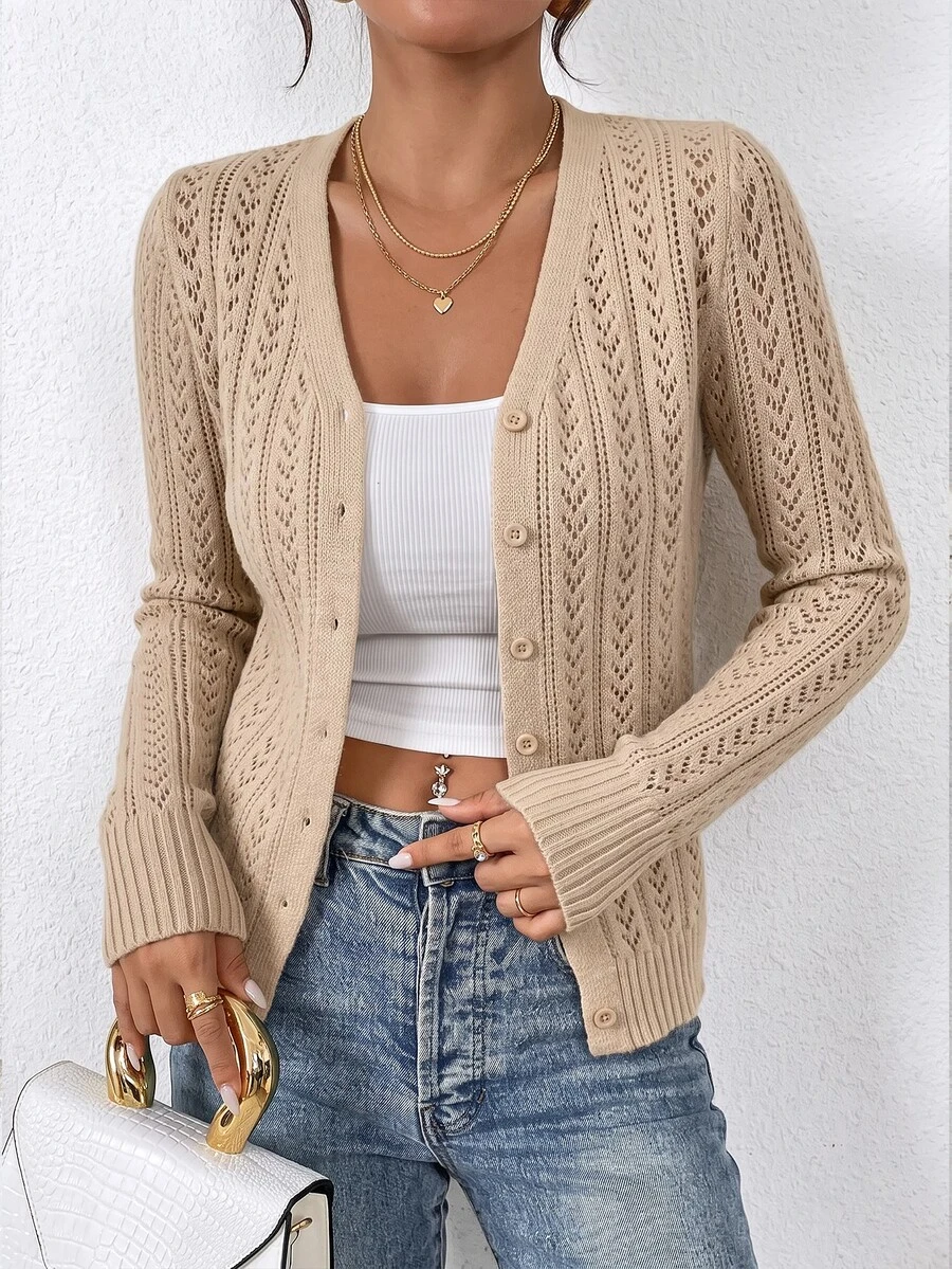 SHEIN Frenchy Women's Solid Color Long Sleeve Single-Breasted Hollow Knit Cardigan - Khaki - View 1