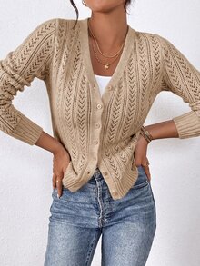 SHEIN Frenchy Women's Solid Color Long Sleeve Single-Breasted Hollow Knit Cardigan - Khaki - View 6