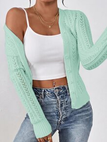 SHEIN Frenchy Women's Solid Color Casual Versatile Daily Outing Long Sleeve Cardigan Turquoise,Teal Blue,Light Blue - Mint Green - View 3