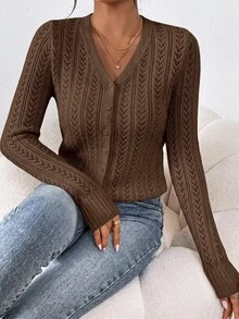 SHEIN Frenchy 女款鏤空長袖單排扣休閒針織開襟衫 - 咖啡棕 - 查看 5