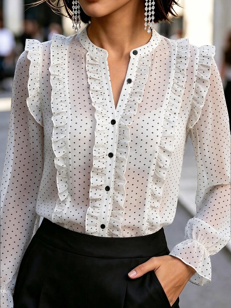 Elegantrix Plus Swiss Dot Ruffle Trim Flounce Sleeve Chiffon Blouse Fall - Multicolor - View 1