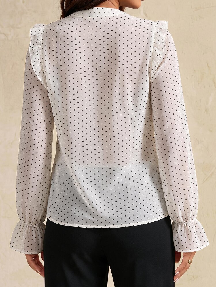 Elegantrix Plus Swiss Dot Ruffle Trim Flounce Sleeve Chiffon Blouse Fall - Multicolor - View 4