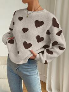 EMERY ROSE Heart Pattern Dropped Shoulder Sweater, Casual For Autumn/Winter - Multicolor - View 7
