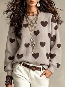 EMERY ROSE Heart Pattern Dropped Shoulder Sweater, Casual For Autumn/Winter - Multicolor - View 2