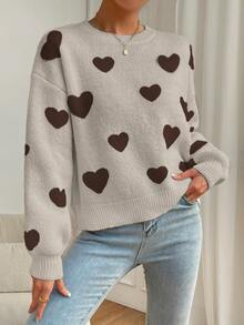 EMERY ROSE Heart Pattern Dropped Shoulder Sweater, Casual For Autumn/Winter - Multicolor - View 6