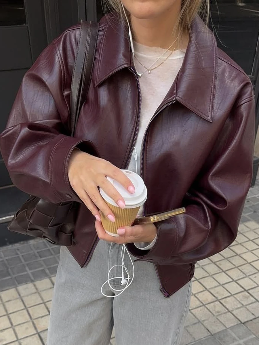 DAZY Women's Solid Color Zipper Casual Versatile Daily Travel Long Sleeve Jacket Fall - Burgundy - View 1