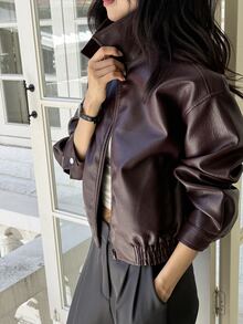 DAZY Women's Solid Color Zipper Casual Versatile Daily Travel Long Sleeve Jacket Fall - Burgundy - View 5