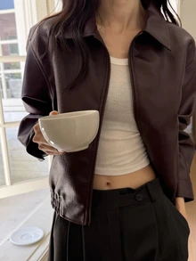 DAZY Women's Solid Color Zipper Casual Versatile Daily Travel Long Sleeve Jacket Fall - Burgundy - View 2