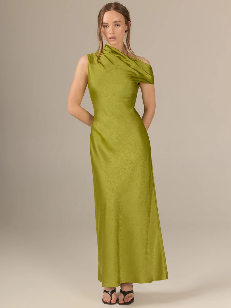 KÆRIA Hus Asymmetric Draped One-Shoulder Maxi Dress - Liquid Textured Satin - Olive Green - Wedding Mother Of The Bride Party Summer Elegant Sexy - Green - View 1