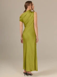 KÆRIA Hus Asymmetric Draped One-Shoulder Maxi Dress - Liquid Textured Satin - Olive Green - Wedding Mother Of The Bride Party Summer Elegant Sexy - Green - View 3