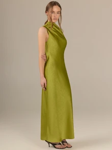 KÆRIA Hus Asymmetric Draped One-Shoulder Maxi Dress - Liquid Textured Satin - Olive Green - Wedding Mother Of The Bride Party Summer Elegant Sexy - Green - View 5