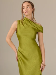 KÆRIA Hus Asymmetric Draped One-Shoulder Maxi Dress - Liquid Textured Satin - Olive Green - Wedding Mother Of The Bride Party Summer Elegant Sexy - Green - View 2