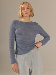 KÆRIA Hus Boat Neck LongSleeve Top - Dimensional Jersey Semi Sheer - Steel Blue Marle - Office, Elevated Basic - Grey - View 4
