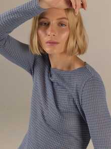 KÆRIA Hus Boat Neck LongSleeve Top - Dimensional Jersey Semi Sheer - Steel Blue Marle - Office, Elevated Basic - Grey - View 2